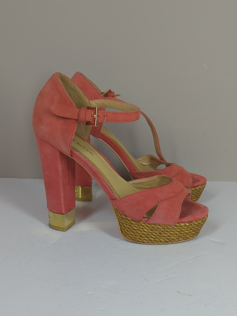 Miss Sixty Suede Coral Suede High Heel Platform Sandals with Gold Accent 7